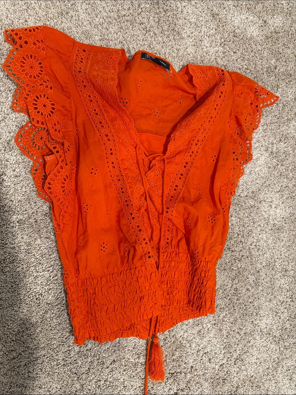 INC International Concepts Orange Eyelet Ruffle Sleeve Blouse